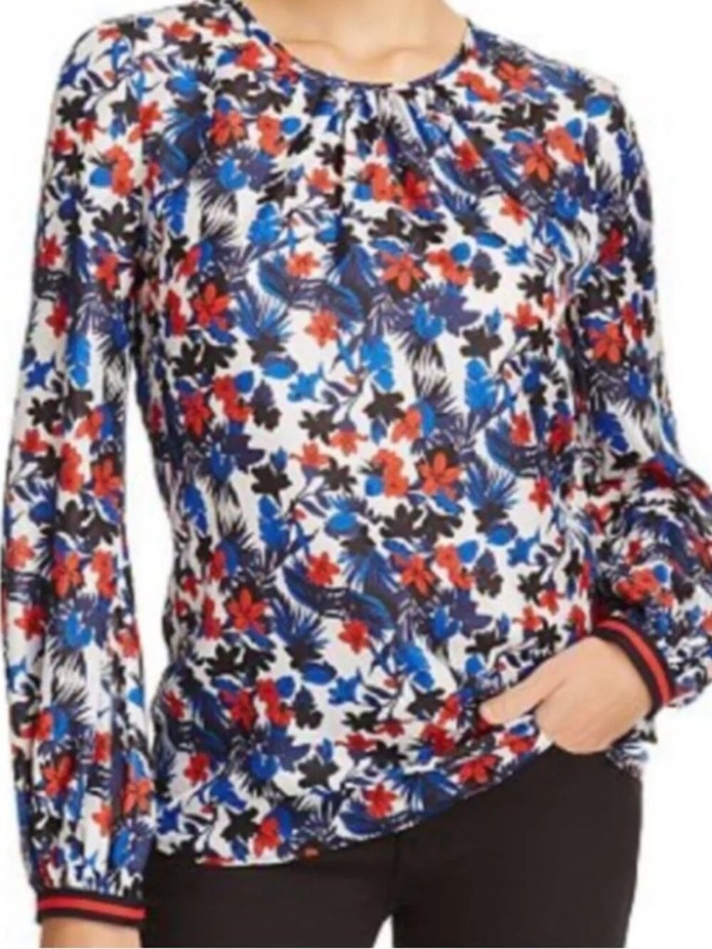 Milly Floral Blouse Blue Red Black Mandy Silk Print Business Casual Top Size 2